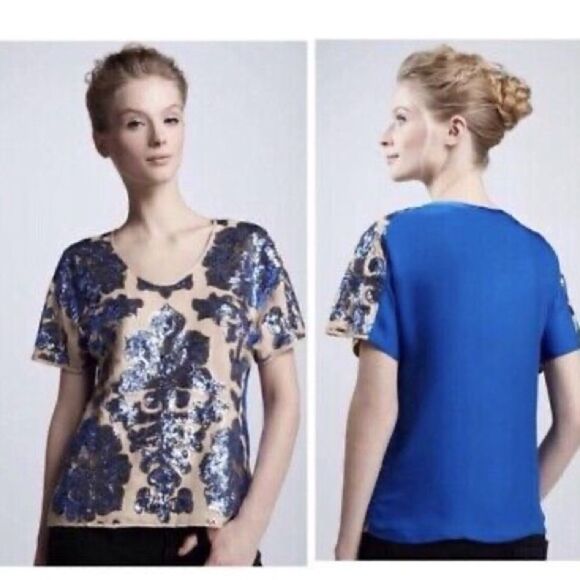 Tracy Reese Blouse Neiman Marcus Target Sequin Top Royal Blue Beige Tan New - Picture 1 of 10